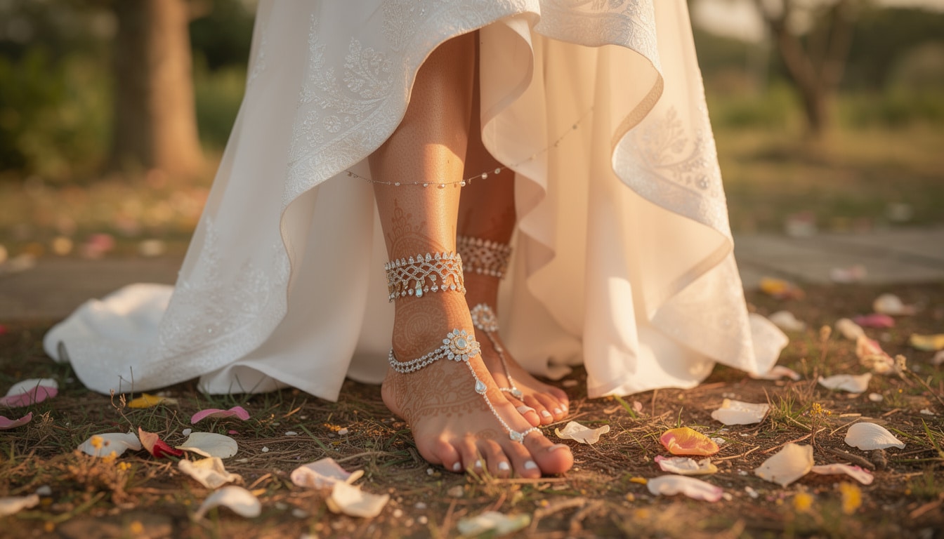 découvrez des idées élégantes de bijoux de pied pour mariage, parfaits pour sublimer les pieds nus de la mariée avec style et raffinement.