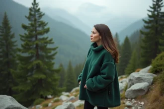 Femme portant un poncho polaire vert en randonnée sur un sentier montagneux avec vue sur une vallée brumeuse