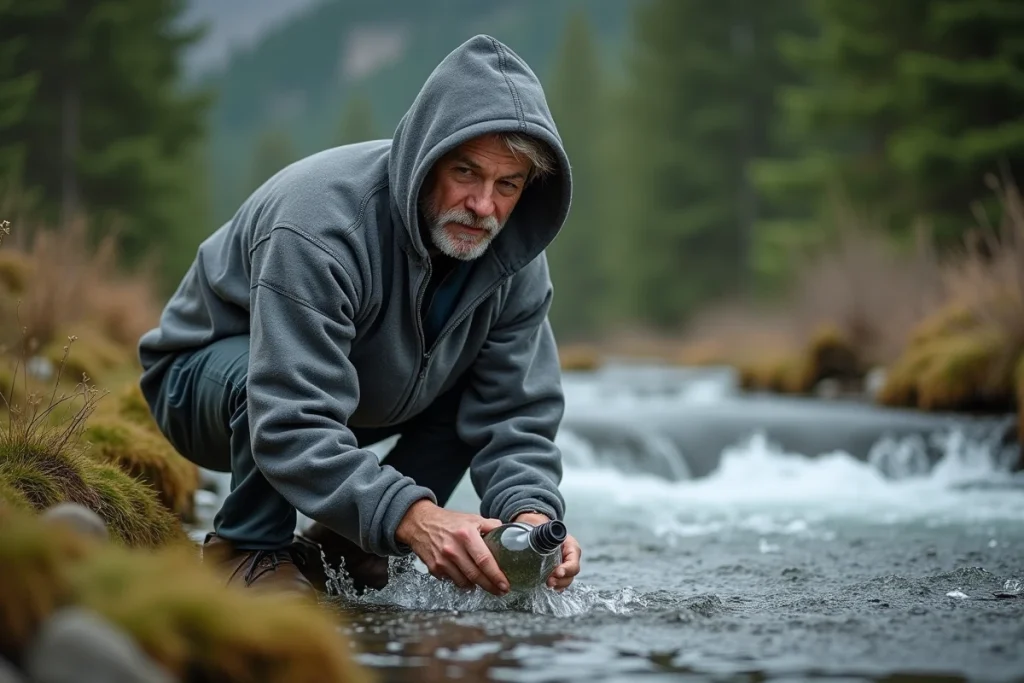 Homme en poncho polaire gris accroupi au bord d'un torrent de montagne lors d'une randonnée outdoor