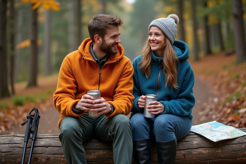 Deux randonneurs portant des ponchos polaires colorés assis sur un tronc en forêt lors d'une pause en plein air