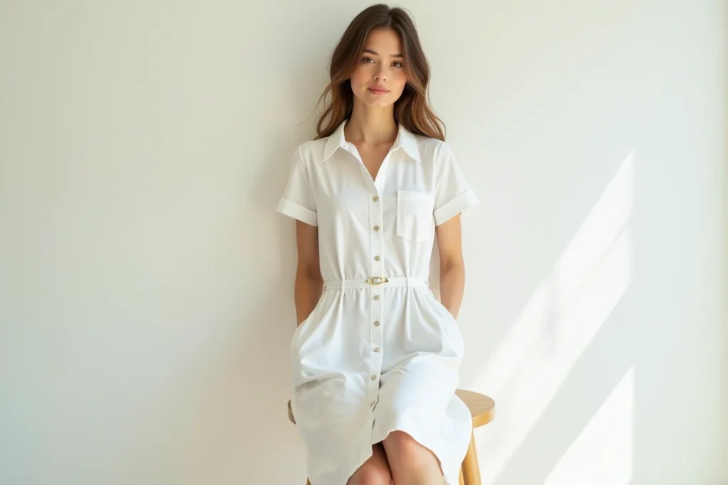 Robe en coton blanc boutonnée de haut en bas avec ceinture fine et boutons nacre en studio minimaliste