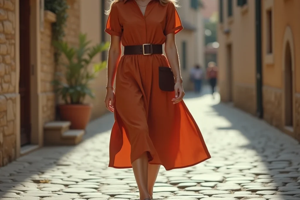 Femme en mouvement dans une ruelle pavée portant une robe midi en coton rouille avec large ceinture et poche latérale