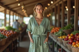 Femme portant une robe en coton vert sauge avec poches plaquées et ceinture nouée à un marché en plein air
