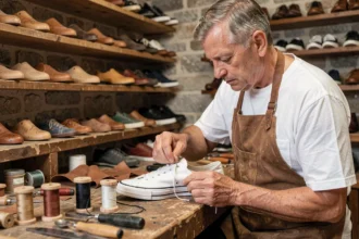 Artisan cordonnier français cousant à la main une basket en toile blanche dans un atelier traditionnel