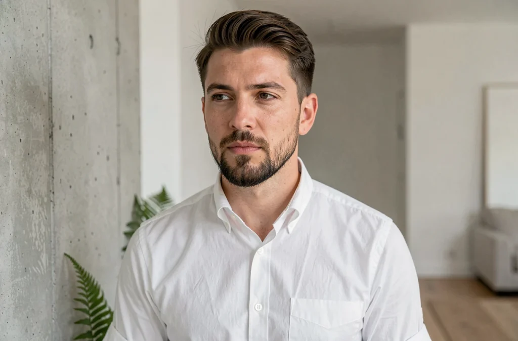 Jeune homme avec barbichette courte et précise dans un appartement minimaliste scandinave, tendance 2026