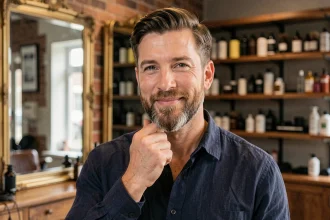 Homme aux 30 ans avec une barbichette soignée dans un salon de coiffure moderne, style tendance 2026