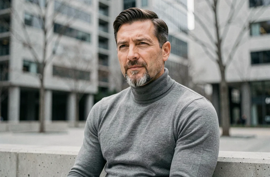 Homme de 40 ans avec barbichette sculptée et pull col roulé gris, style urbain moderne extérieur