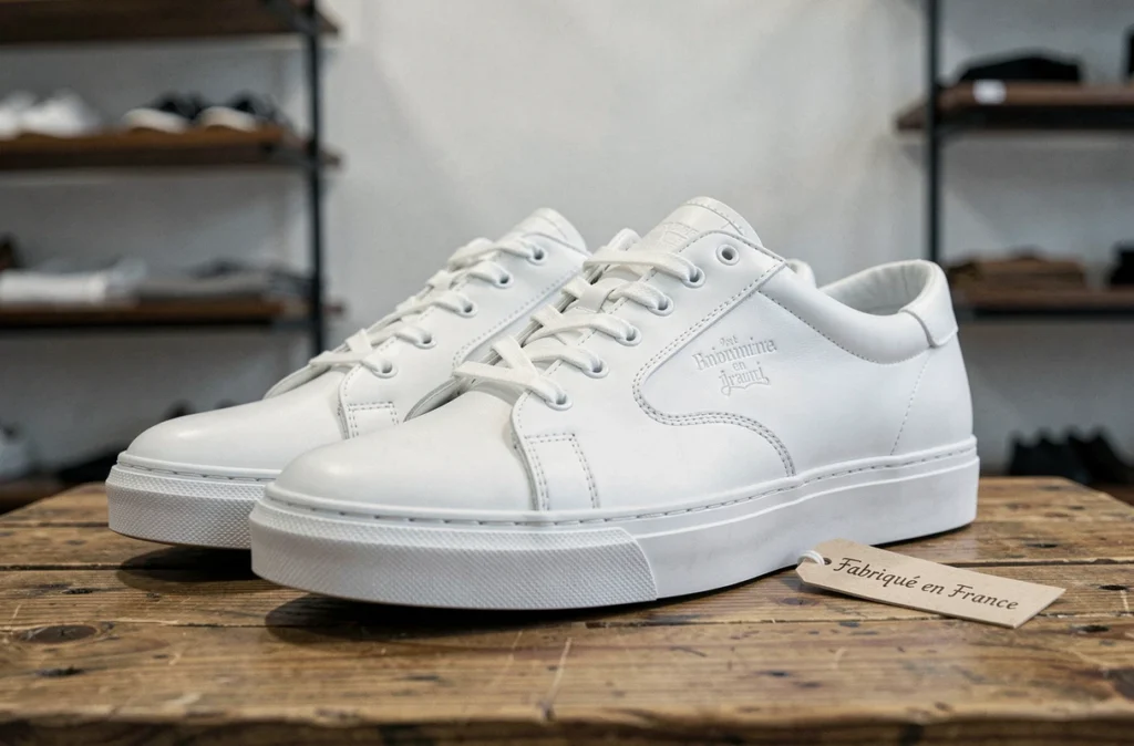 Gros plan sur une paire de baskets artisanales françaises en cuir blanc avec coutures faites main