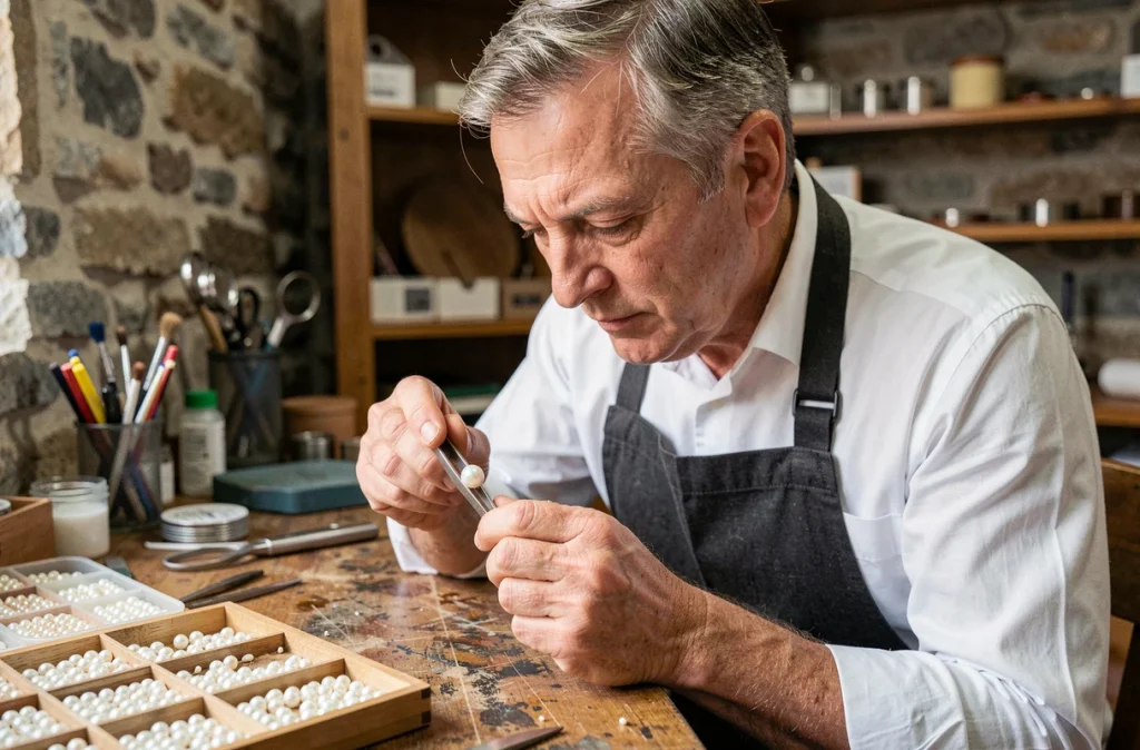 Bijoutier inspectant une perle de culture avec une loupe dans son atelier