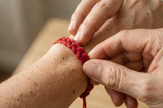 Gros plan d'un bracelet fil rouge à 7 nœuds porté au poignet d'une femme, détail des nœuds traditionnels en coton rouge