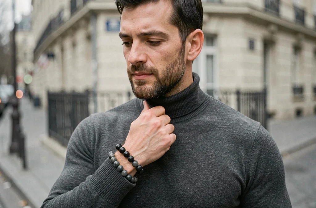 Homme barbu en col roulé gris portant un bracelet en onyx noir dans une rue parisienne style urbain minimaliste