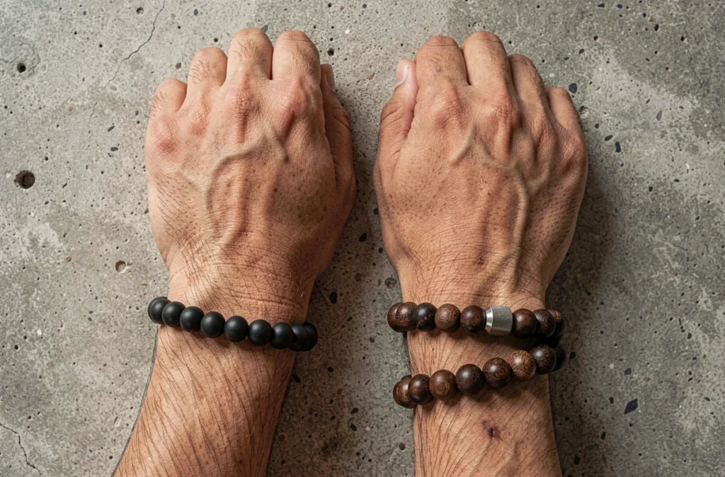 Deux bracelets pour homme onyx noir et bois foncé posés sur béton brut vue de dessus style éditorial masculin