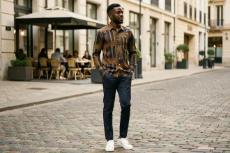 Homme portant une chemise africaine en wax indigo et ocre intégrée dans un look moderne avec chino et sneakers blancs dans une rue européenne pavée