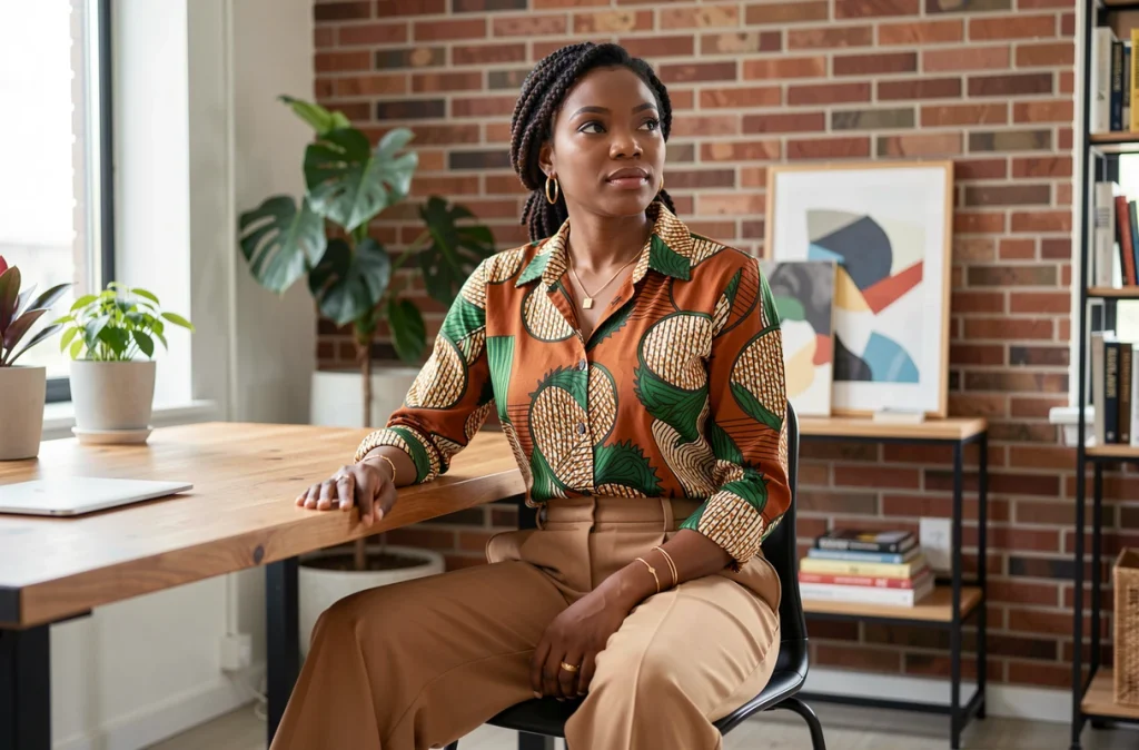 Femme portant une chemise en wax africain terracotta rentrée dans un pantalon camel large, assise dans un appartement moderne avec mur en briques apparentes