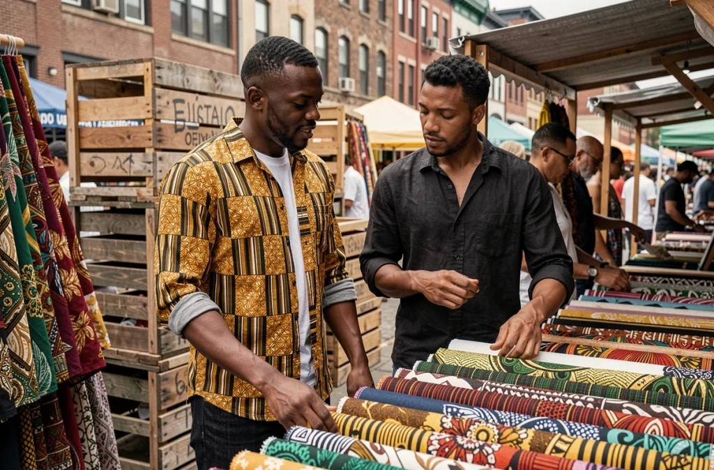 Deux hommes au marché urbain dont l'un porte une chemise wax africain en imprimé moutarde et noir, associée à un jean sombre pour un style décontracté et naturel