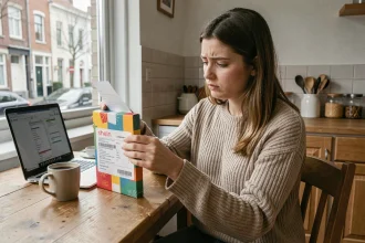 Jeune femme examinant un colis Shein avec une étiquette de douane dans un appartement belge
