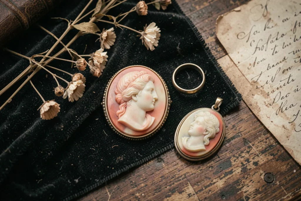 Collection de bijoux camées antiques posés sur velours sombre avec fleurs séchées et lettre ancienne, vue en plongée
