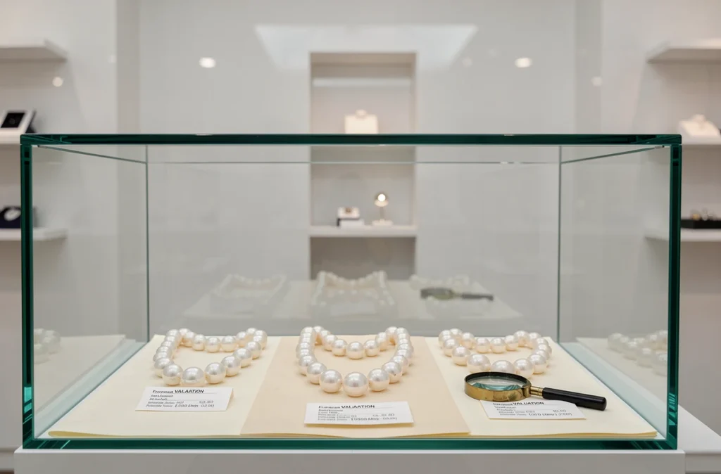 Colliers de perles de culture exposés dans une vitrine de salle des ventes avec fiches d'évaluation