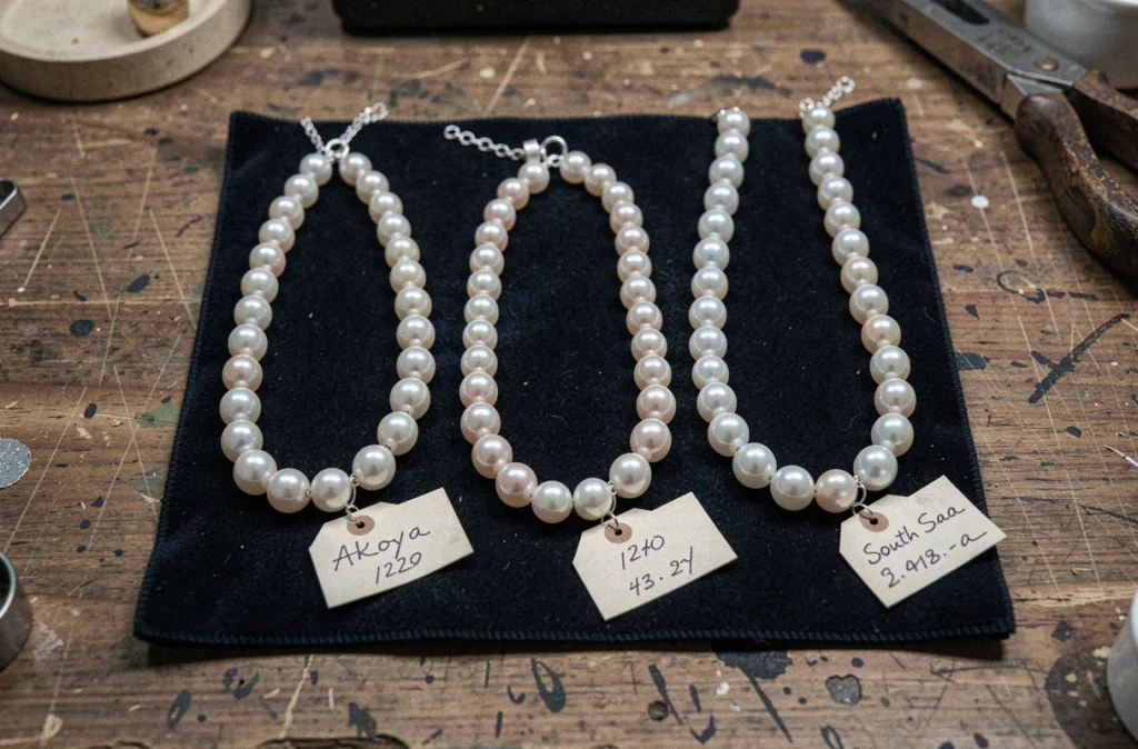 Comparaison de trois colliers de perles de culture de qualités différentes sur velours marine