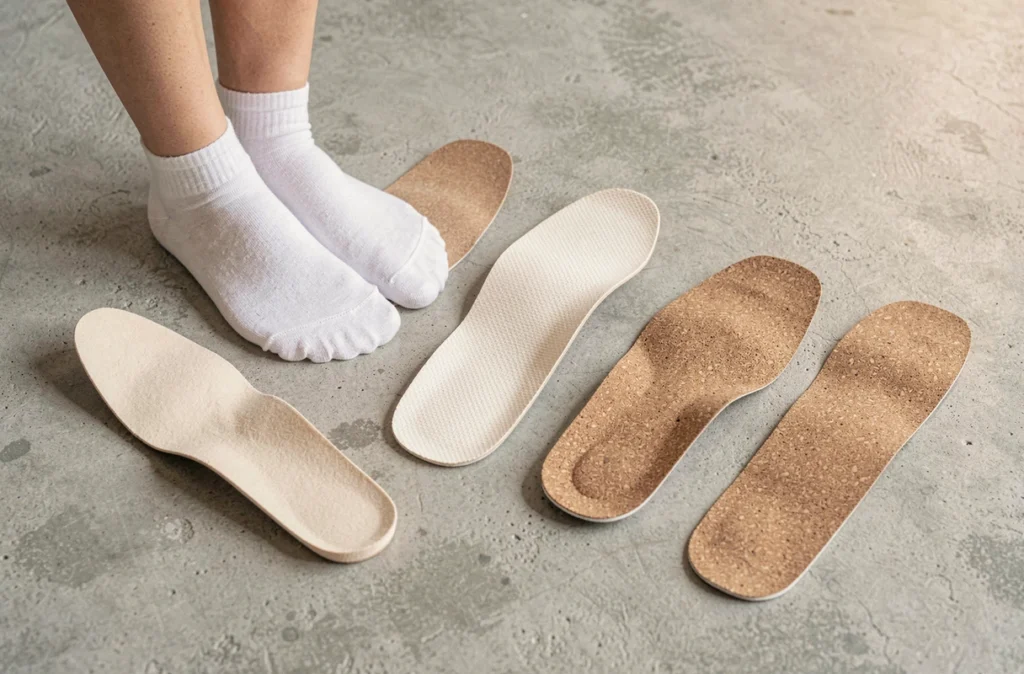 Comparaison de semelles spéciales pieds fins posées à côté de pieds étroits chaussés de chaussettes blanches