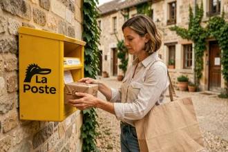 Femme déposant un colis Vinted dans une boîte La Poste dans un village rural français