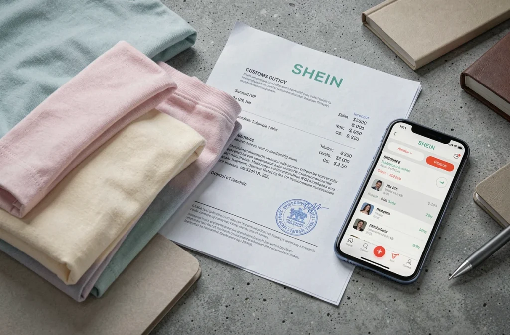 Avis de droits de douane Shein posé sur un bureau avec vêtements et facture