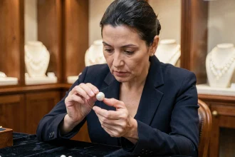 Experte en joaillerie examinant une perle de culture sur un présentoir en velours dans une bijouterie