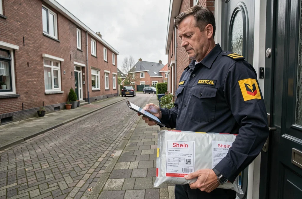 Facteur belge livrant un colis Shein avec formulaire douanier à domicile