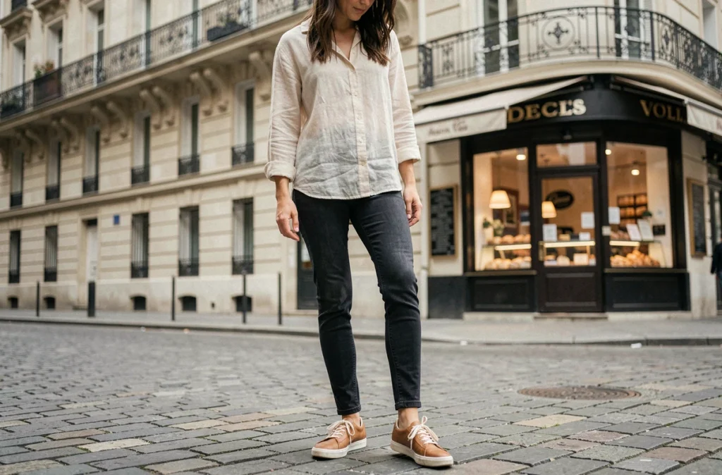 Femme portant des baskets artisanales françaises dans une rue pavée de Paris