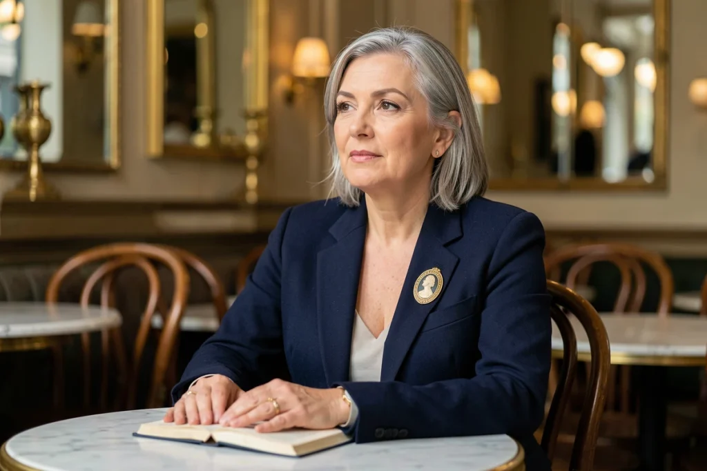 Femme élégante portant un camée en broche sur blazer marine dans une brasserie parisienne, style éditorial