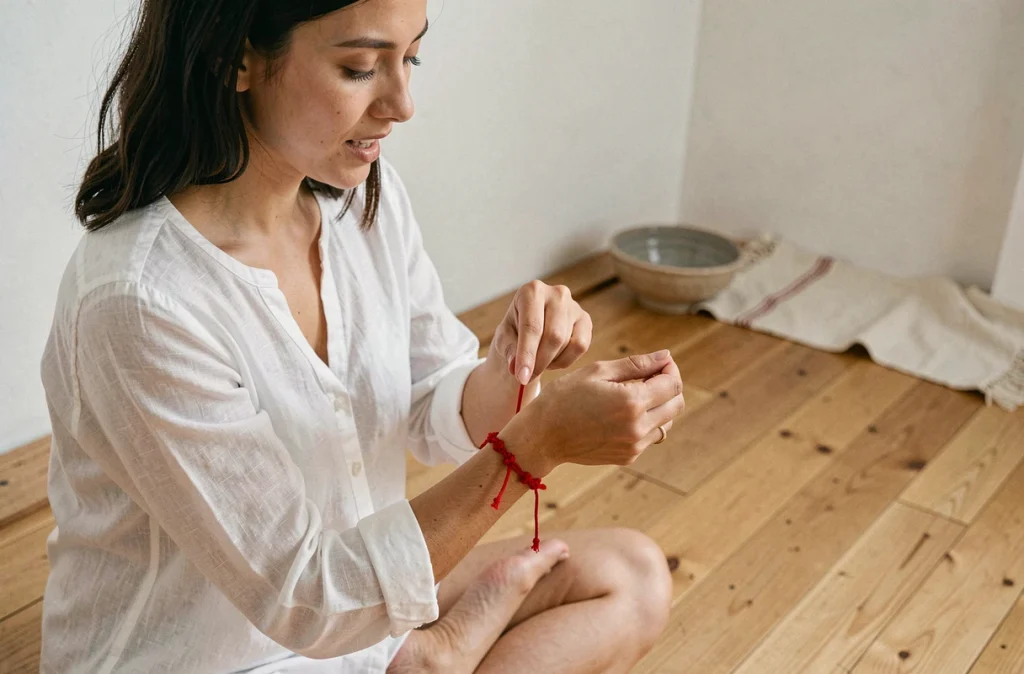 Jeune femme nouant elle-même un bracelet fil rouge à 7 nœuds au poignet dans un espace de méditation minimaliste