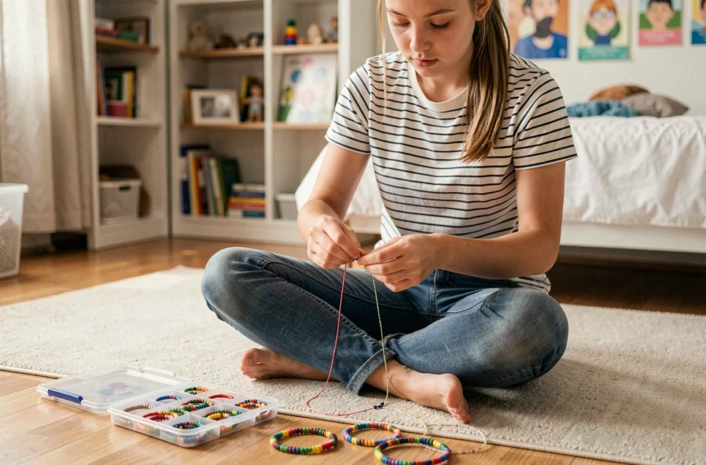 Adolescente assemblant des bracelets avec un kit débutant coloré, assise sur le sol de sa chambre