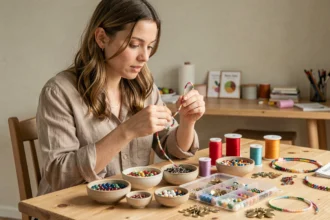 Jeune femme découvrant un kit de bracelets débutant avec des perles colorées et fils élastiques sur une table en bois