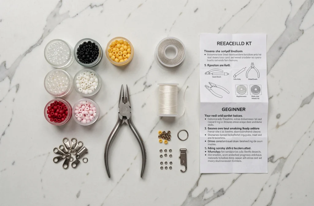 Vue de dessus d'un kit complet pour bracelets débutant avec perles, fil nylon, pinces et fermoirs sur marbre blanc