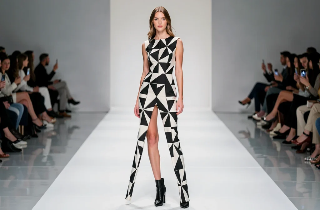 Mannequin femme en tenue architecturale haute couture noir et blanc sur un podium de défilé de mode