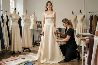 Mannequin grande taille en robe haute couture ivoire ajustée par une couturière dans un atelier parisien