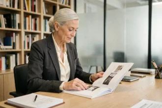 Mannequin senior femme consultant son book dans une agence de mannequinat parisienne