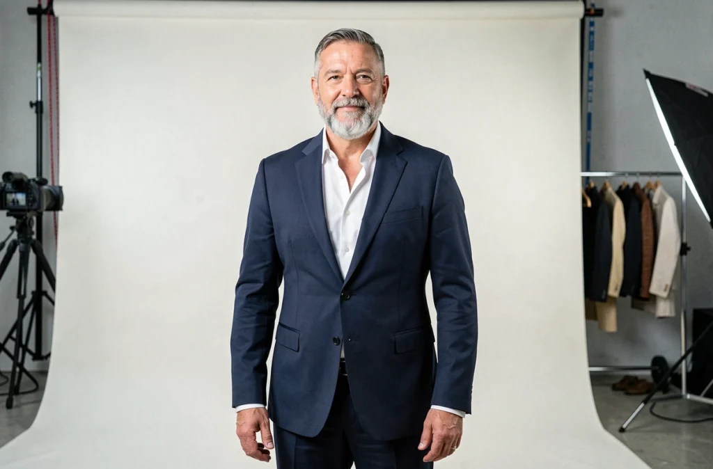 Mannequin senior homme lors d'un casting en studio photographique professionnel