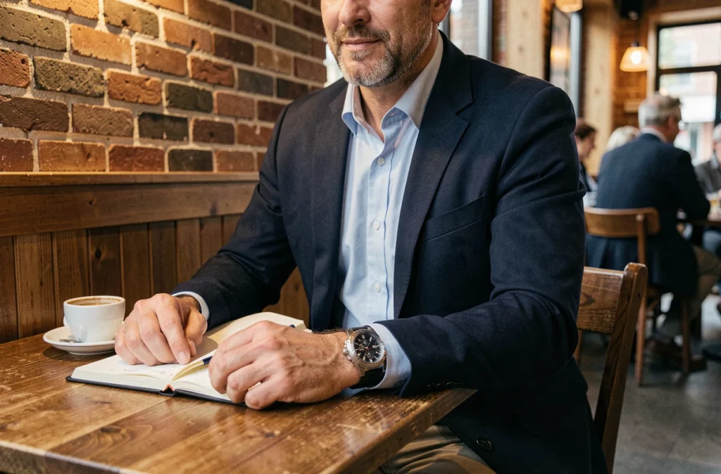 Homme professionnel créatif en blazer marine avec une montre originale dans un café, style décontracté et sophistiqué