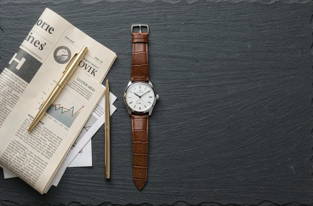 Montre mécanique de luxe posée sur ardoise avec documents financiers symbolisant l'investissement horloger