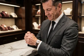 Homme en costume élégant admirant une montre de luxe suisse dans une boutique horlogère haut de gamme