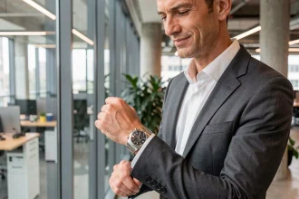Homme en costume gris portant une montre originale dans un bureau moderne, alliance style professionnel et accessoire distinctif