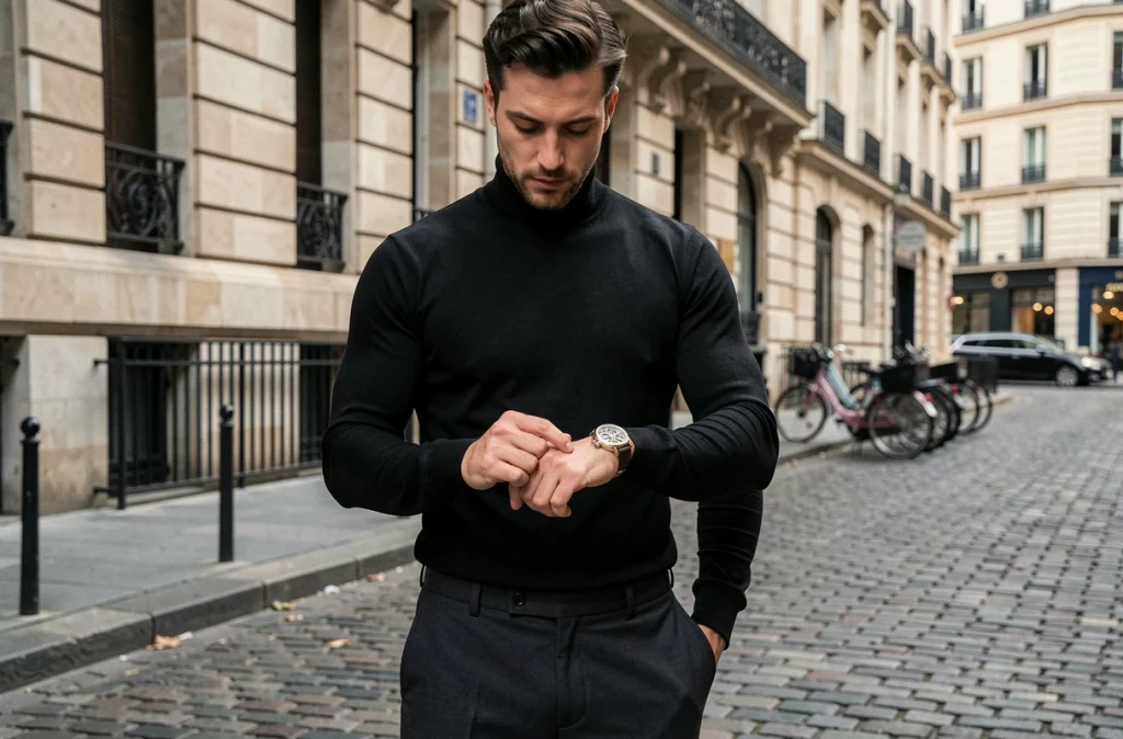 Homme en col roulé noir avec une montre squelette originale dans une rue parisienne, look professionnel et urbain raffiné