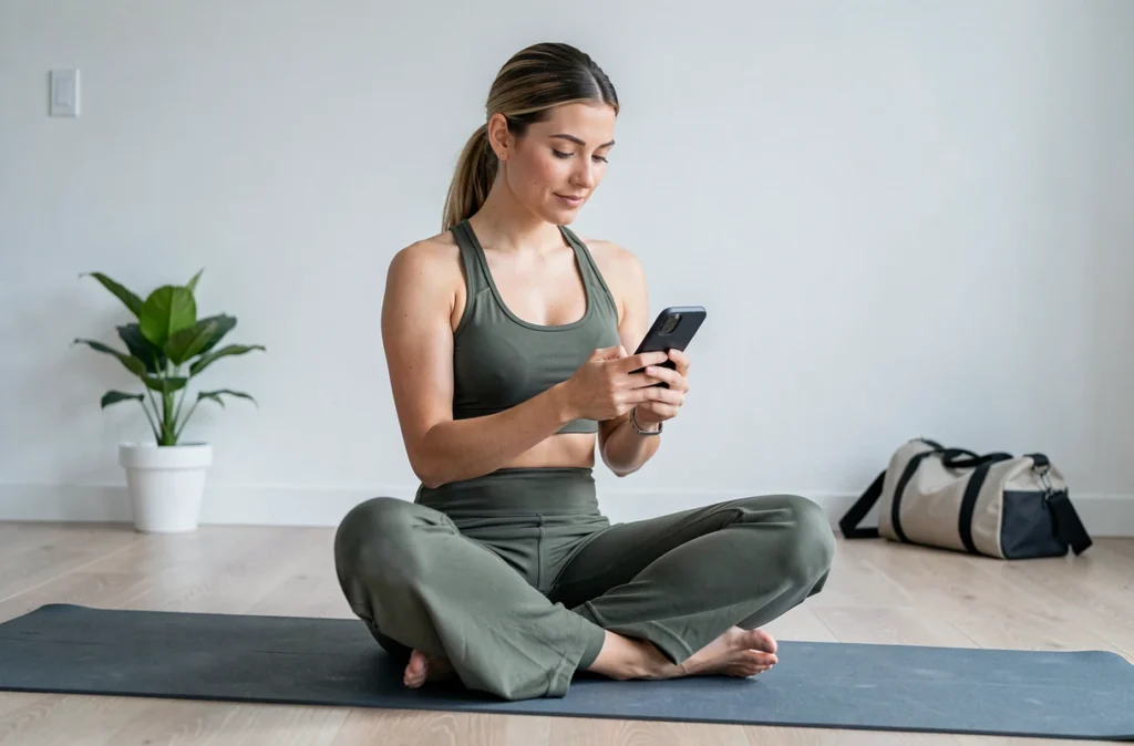 Femme en pantalon de sport Halara large recherchant des promotions sur son téléphone à la maison