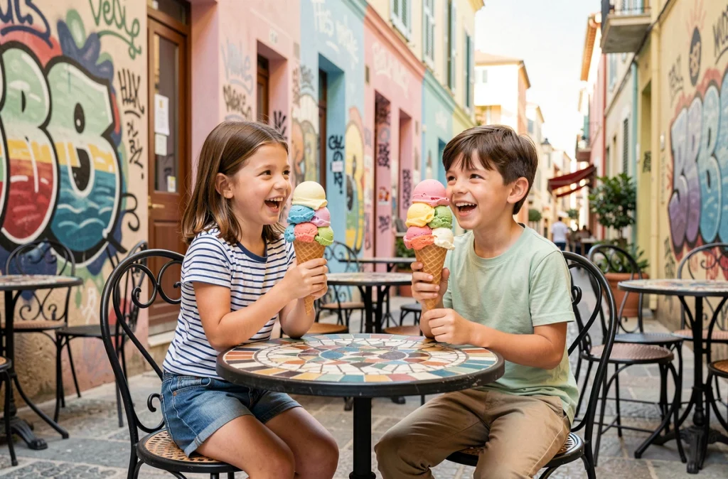 Deux enfants savourant des glaces colorées en terrasse dans le quartier Cours Julien à Marseille lors d'une pause gourmande en famille