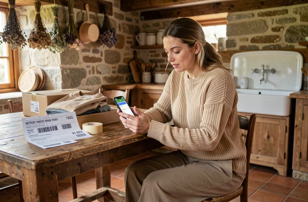 Femme cherchant un point relai Vinted sur son téléphone dans une cuisine de ferme à la campagne