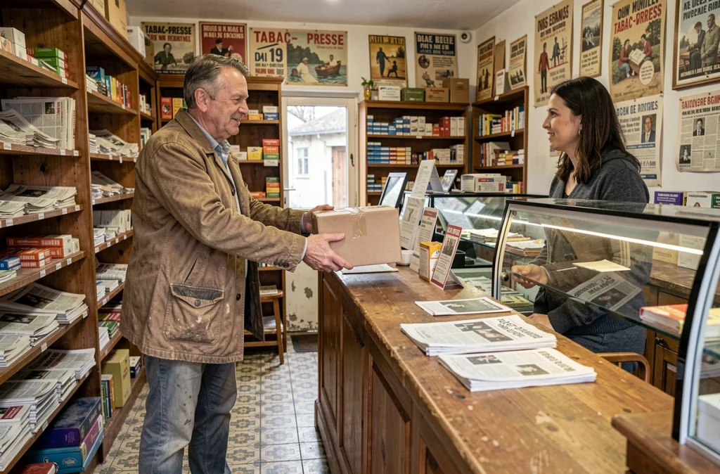 Homme remettant un colis Vinted au comptoir d'un tabac-presse en zone rurale