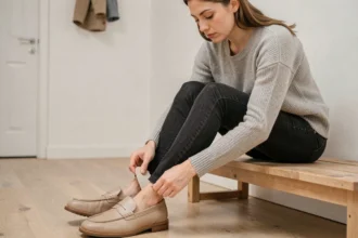 Femme insérant une semelle compensatrice dans une chaussure trop grande pour pied fin