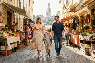 Famille avec enfants se promenant dans un marché provençal en plein air à Marseille, avec des étals colorés et la basilique Notre-Dame de la Garde en arrière-plan