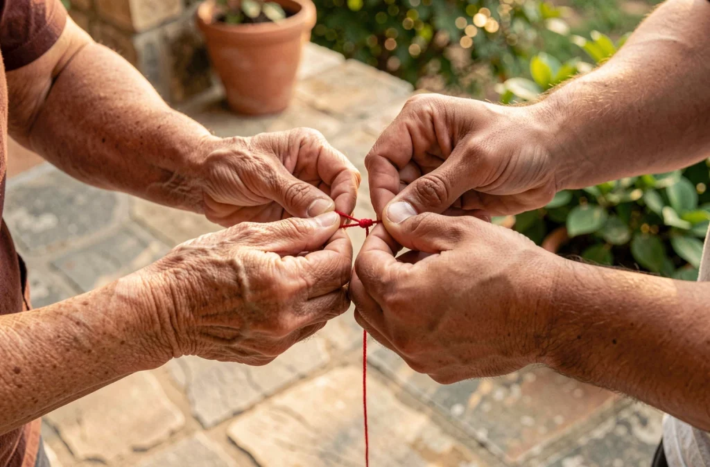 Mains d'une femme âgée nouant le dernier nœud d'un bracelet fil rouge sur le poignet d'un jeune homme, geste de transmission rituelle